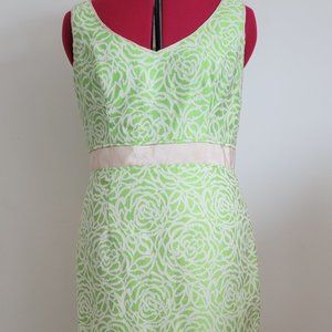 Maggy London Green and White Floral Sheath Dress with Cream Waistband